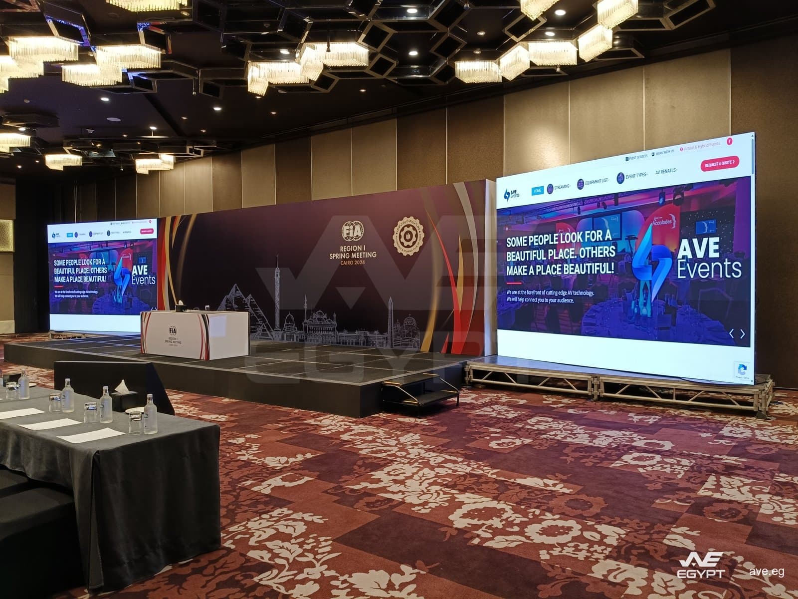 FIA Region I Spring Meeting: the stage backdrop carrying the event identity, flanked by twin LED screens