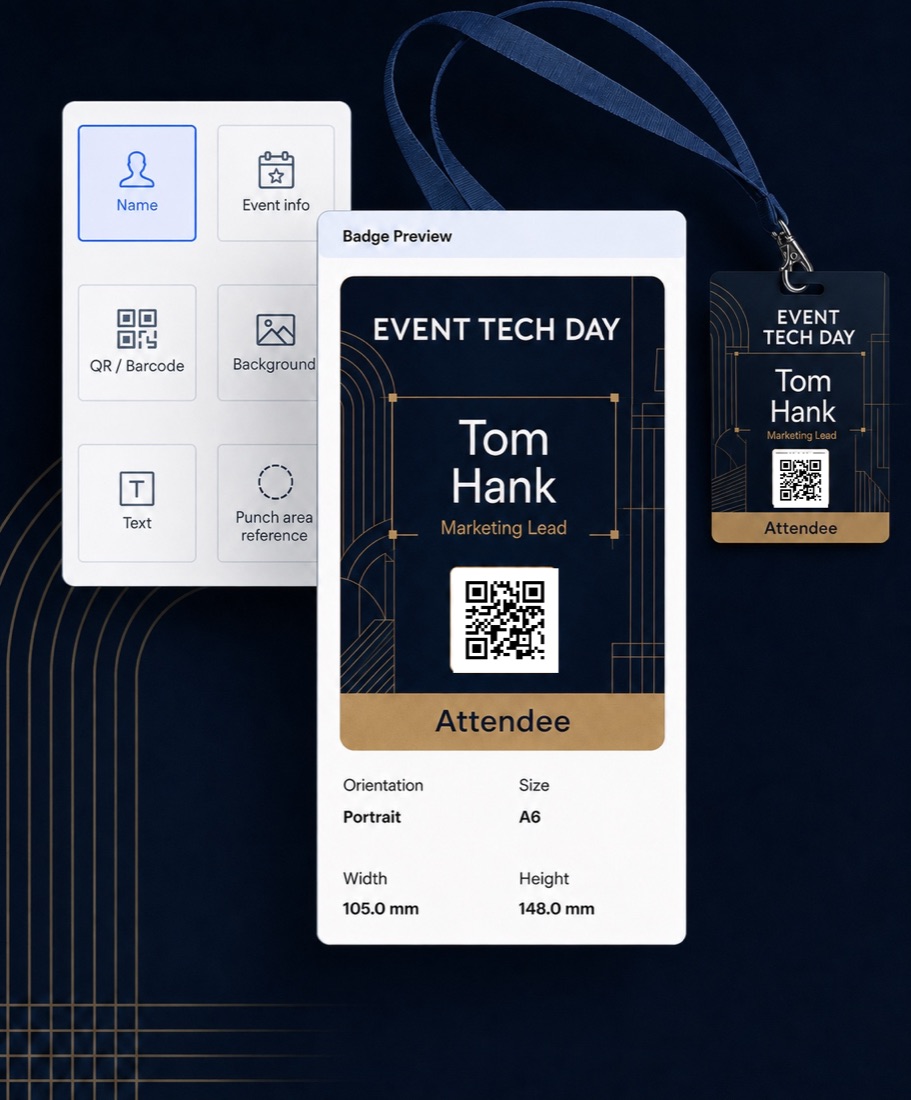 Badge designer showing a lanyard preview with QR code