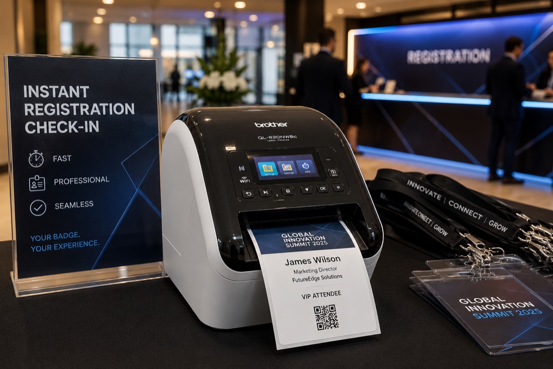Badge printer producing a VIP attendee badge at a registration desk