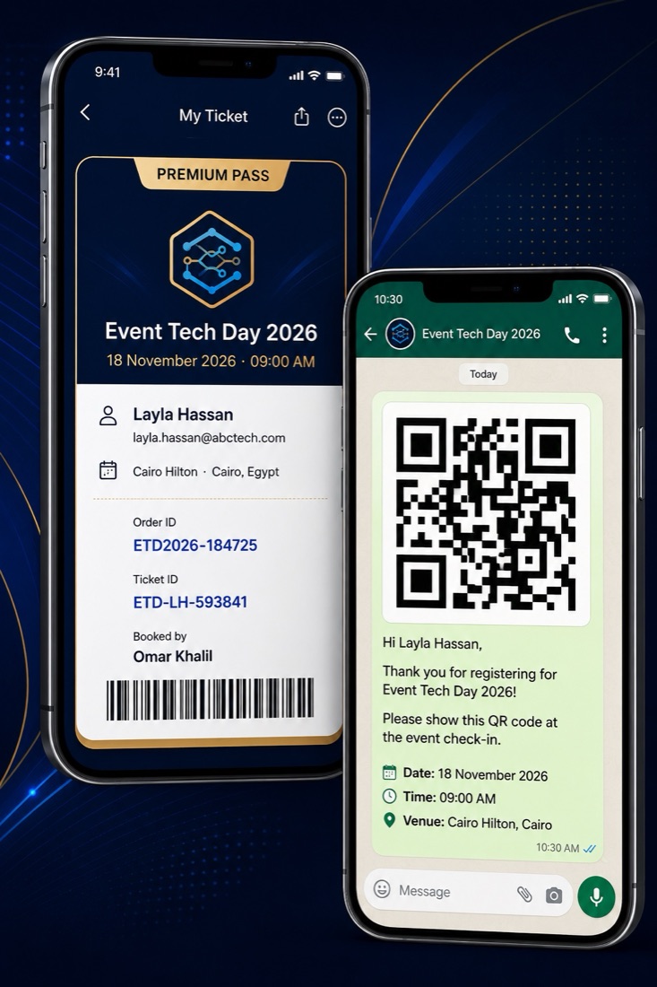 Delegate mobile ticket and WhatsApp QR confirmation for event check-in