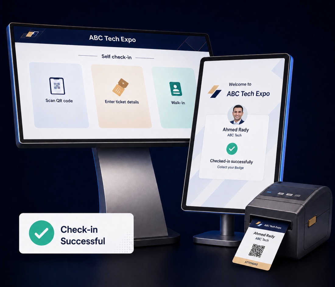 Self check-in kiosk with QR scan, confirmation screen and badge printer